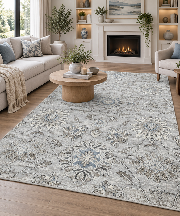 Serenity Bloom – Soft Blue & Silver Floral Rug- Rugs Direct NZ