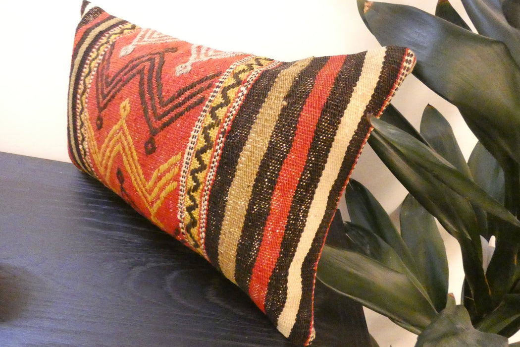 Handmade Turkish Kilim Cushion 30 x 50cm , Vintage Wool Lumbar Cushion with Insert , Organic Cotton Back- Rugs Direct New Zealand 