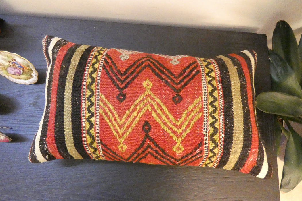 Handmade Turkish Kilim Cushion 30 x 50cm , Vintage Wool Lumbar Cushion with Insert , Organic Cotton Back- Rugs Direct New Zealand 