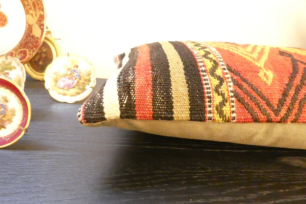 Handmade Turkish Kilim Cushion 30 x 50cm , Vintage Wool Lumbar Cushion with Insert , Organic Cotton Back- Rugs Direct New Zealand 