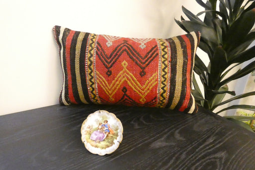Handmade Turkish Kilim Cushion 30 x 50cm , Vintage Wool Lumbar Cushion with Insert , Organic Cotton Back- Rugs Direct New Zealand 