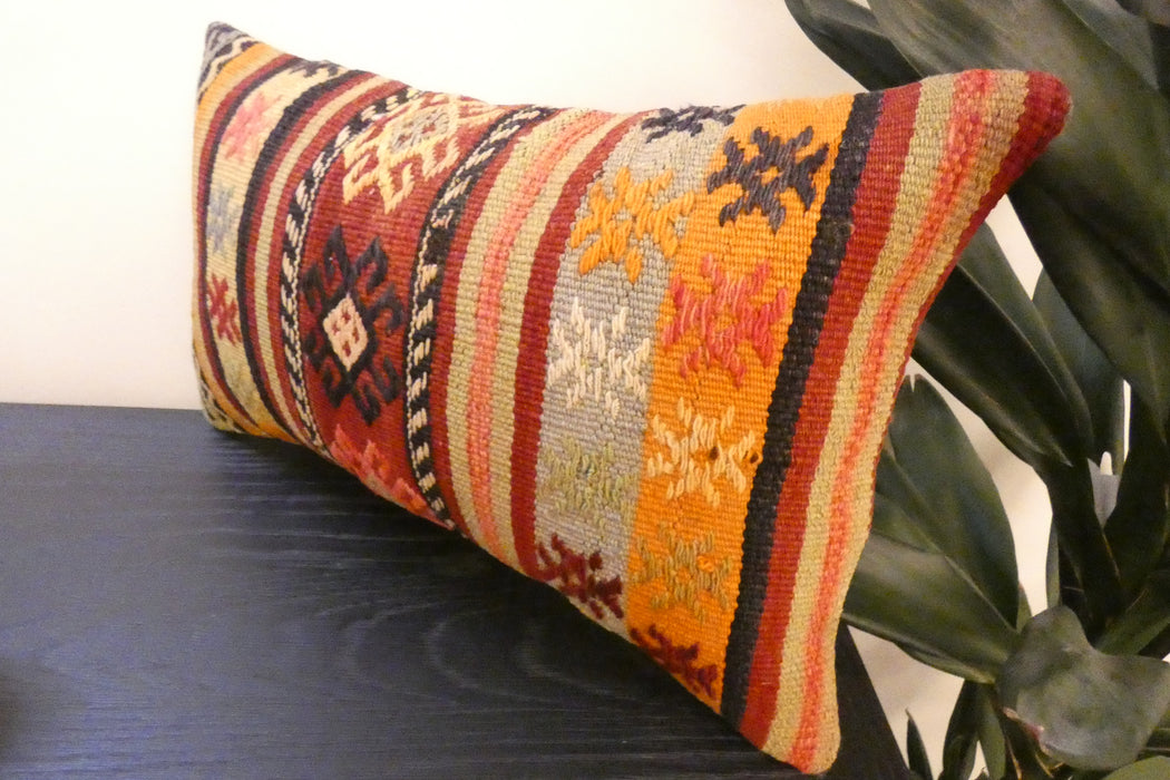 Handmade Turkish Kilim Cushion 30 x 50cm, Vintage Wool Lumbar Cushion with Insert, Organic Cotton Back- Rugs Direct New Zealand 