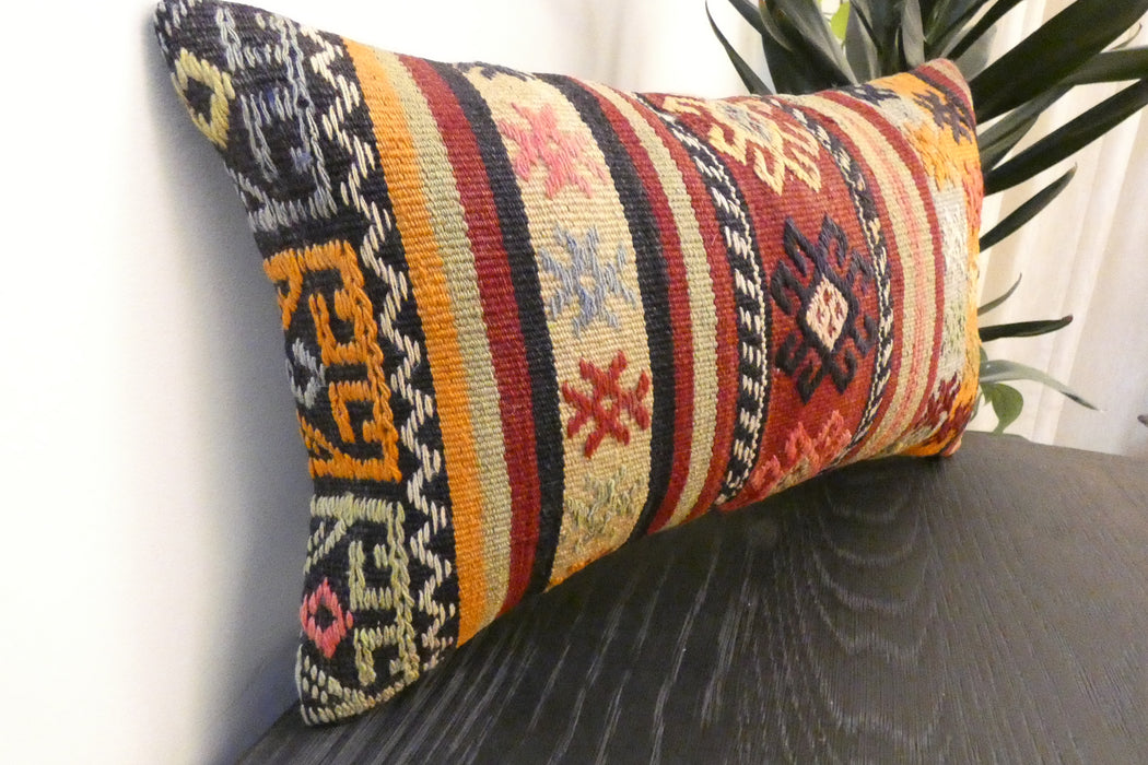 Handmade Turkish Kilim Cushion 30 x 50cm, Vintage Wool Lumbar Cushion with Insert, Organic Cotton Back- Rugs Direct New Zealand 