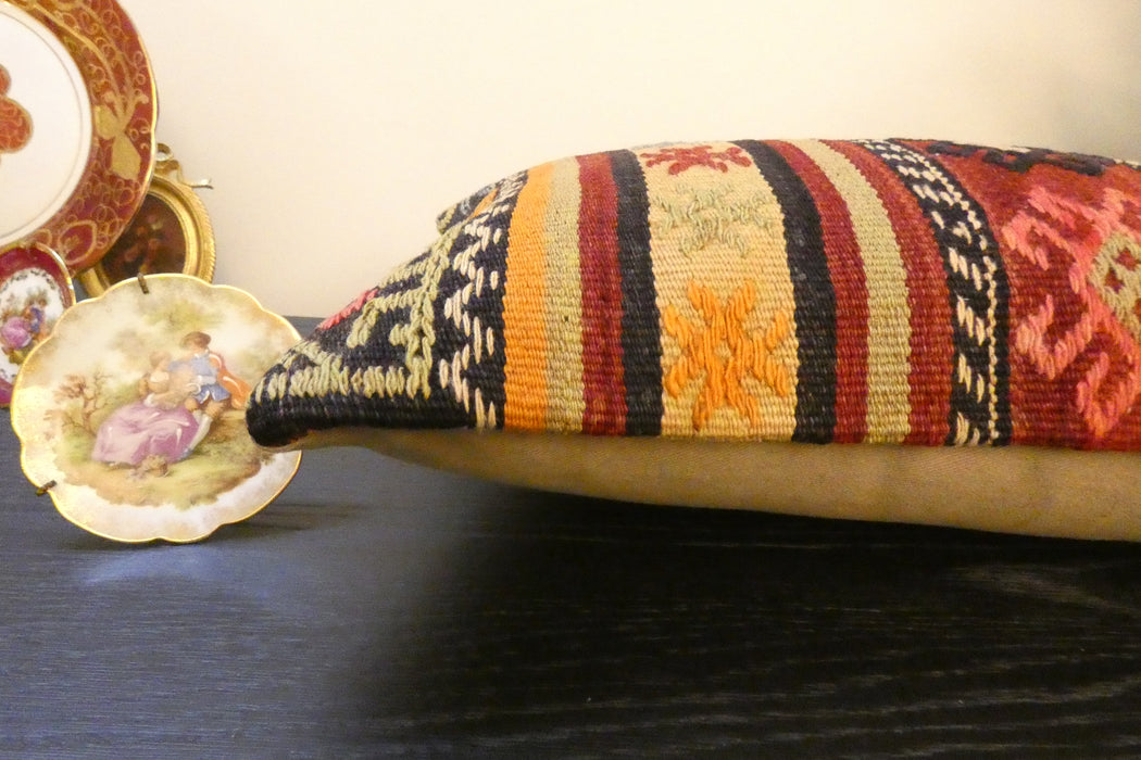 Handmade Turkish Kilim Cushion 30 x 50cm, Vintage Wool Lumbar Cushion with Insert, Organic Cotton Back- Rugs Direct New Zealand 
