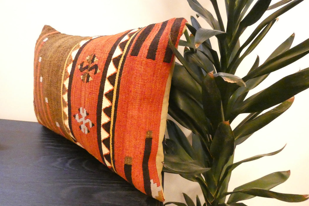 Handmade Anatolian Kilim Cushion Cover with Insert 40 x 60cm | Vintage Turkish Wool Lumbar Pillow | Organic Cotton Back |Rugs Direct New Zealand 