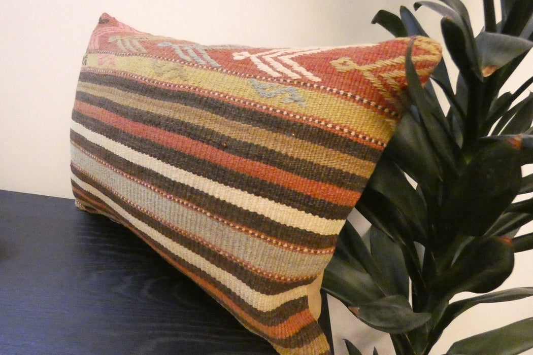 Handmade Anatolian Kilim Cushion Cover with Insert 40 x 60cm | Vintage Turkish Wool Lumbar Pillow | Organic Cotton Back- Rugs Direct New Zealand 