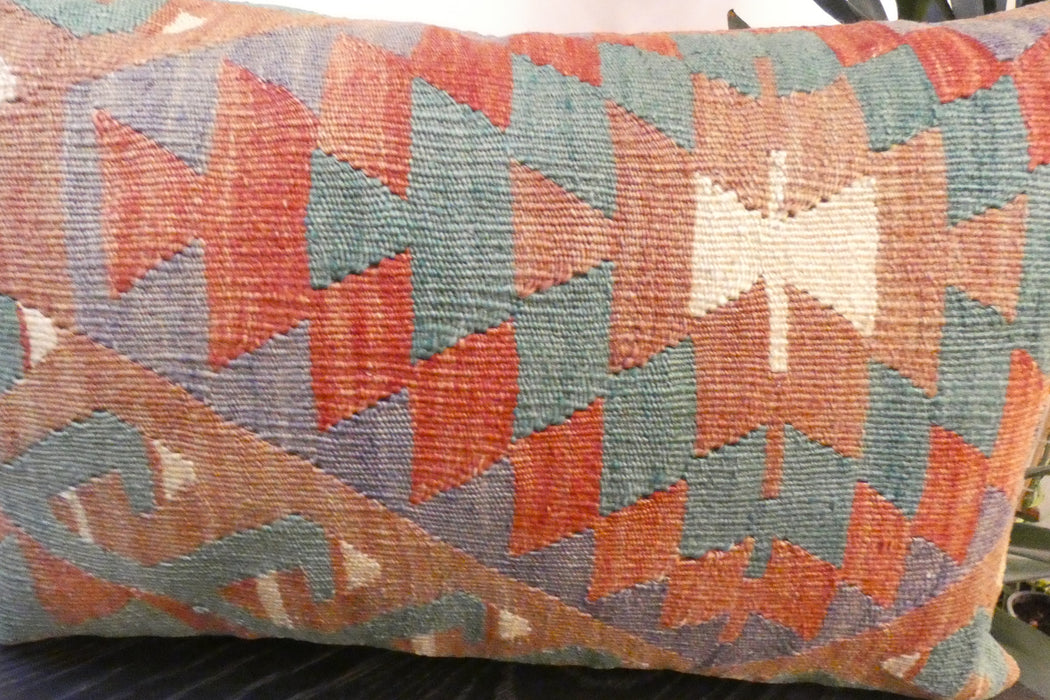 Handmade Anatolian Kilim Cushion Cover with Insert 40 x 60cm | Vintage Turkish Wool Lumbar Pillow | Organic Cotton Back - Rugs direct New Zealand 