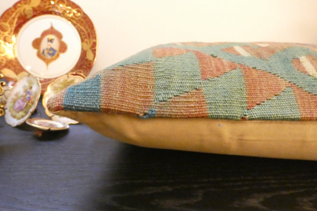 Handmade Anatolian Kilim Cushion Cover with Insert 40 x 60cm | Vintage Turkish Wool Lumbar Pillow | Organic Cotton Back - Rugs direct New Zealand 