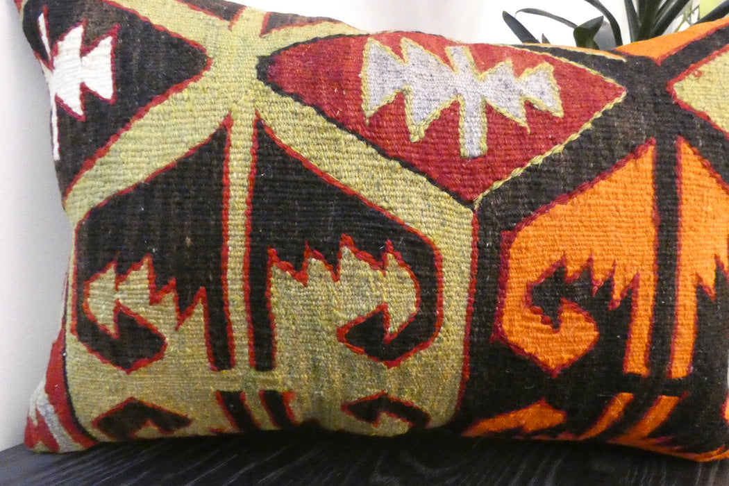 Handmade Anatolian Kilim Cushion Cover with Insert 40 x 60cm | Vintage Turkish Wool Lumbar Pillow | Organic Cotton Back- Rugs Direct New Zealand 