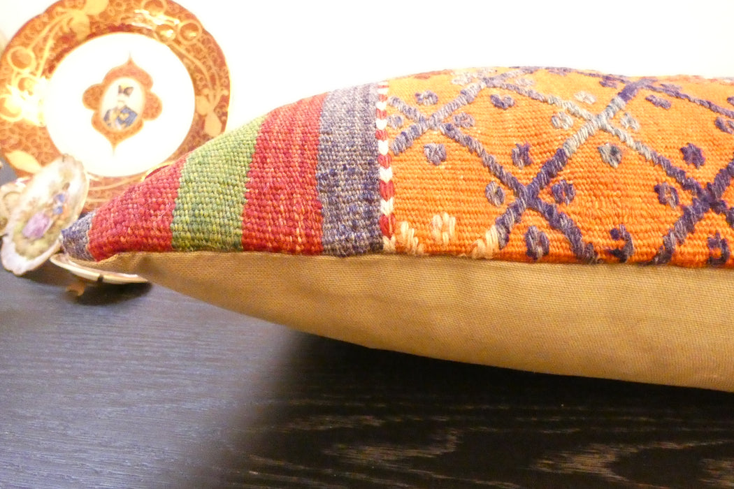 Handmade Anatolian Kilim Cushion Cover with Insert 40 x 60cm | Vintage Turkish Wool Lumbar Pillow | Organic Cotton Back- Rugs Direct New Zealand