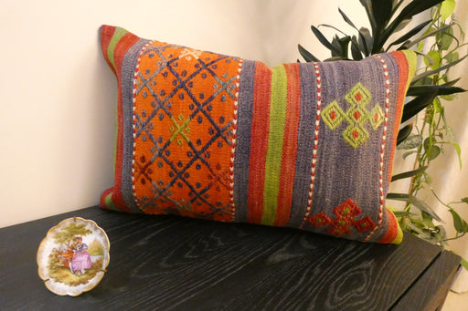 Handmade Anatolian Kilim Cushion Cover with Insert 40 x 60cm | Vintage Turkish Wool Lumbar Pillow | Organic Cotton Back- Rugs Direct New Zealand
