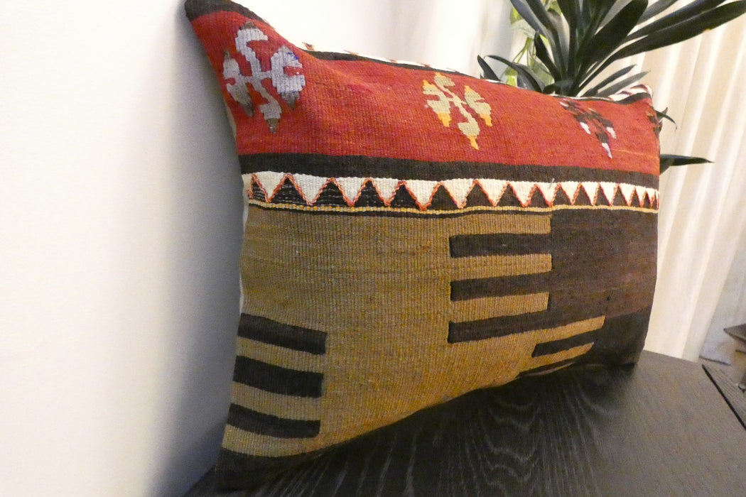 Handmade Anatolian Kilim Cushion Cover with Insert 40 x 60cm | Vintage Turkish Wool Lumbar Pillow | Organic Cotton Back - Rugs Direct New Zealand 