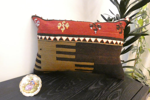 Handmade Anatolian Kilim Cushion Cover with Insert 40 x 60cm | Vintage Turkish Wool Lumbar Pillow | Organic Cotton Back - Rugs Direct New Zealand 