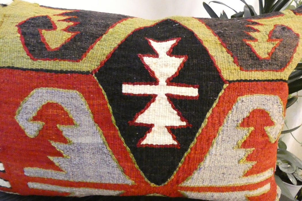 Handmade Anatolian Kilim Cushion Cover with Insert 40 x 60cm | Vintage Turkish Wool Lumbar Pillow | Organic Cotton Back - Rugs Direct New Zealand 