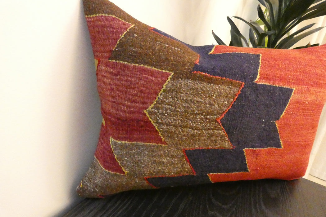 Handmade Anatolian Kilim Cushion Cover with Insert 40 x 60cm | Vintage Turkish Wool Lumbar Pillow | Organic Cotton Back - Rugs Direct New Zealand 