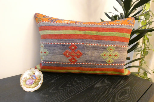 Handmade Anatolian Kilim Cushion Cover with Insert 40 x 60cm | Vintage Turkish Wool Lumbar Pillow | Organic Cotton Back - Rugs Direct New Zealand 