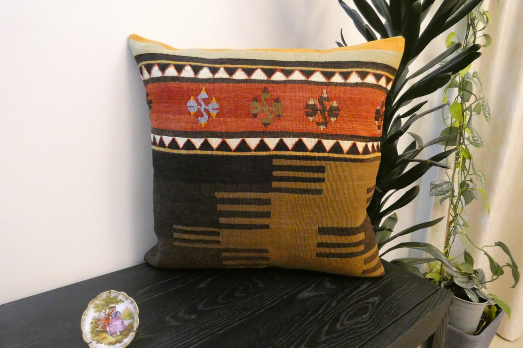 Handmade Turkish Kilim Cushion Cover 60 x 60cm with Insert | Original Anatolian Kilim | Organic Cotton Backing - Rugs Direct New Zealand 
