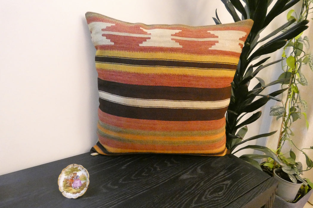 Handmade Turkish Kilim Cushion Cover 60 x 60cm with Insert | Original Anatolian Kilim | Organic Cotton Backing - Rugs Direct New Zealand 