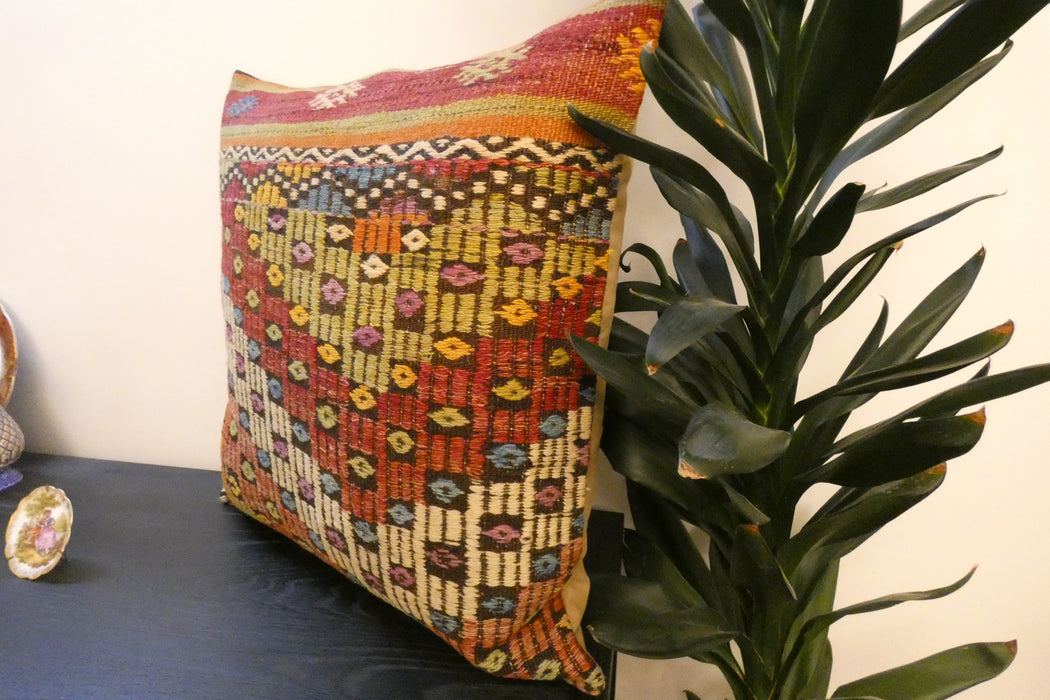 Handmade Turkish Kilim Cushion Cover 60 x 60cm with Insert | Original Anatolian Kilim | Organic Cotton Backing - Rugs Direct New Zealand 