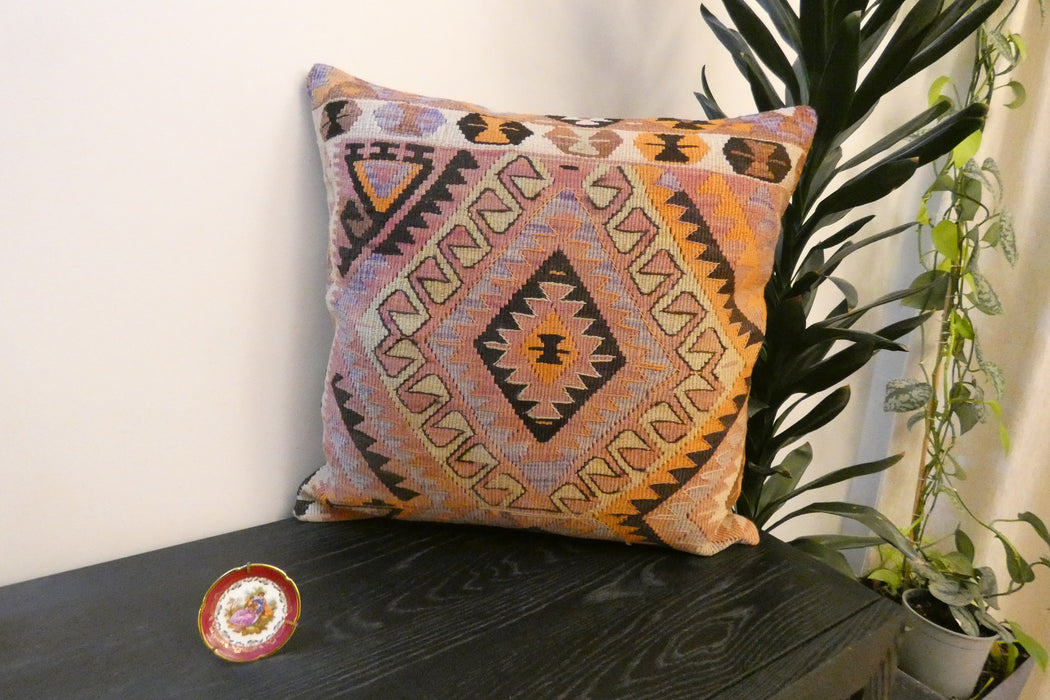 Handmade Turkish Kilim Cushion Cover 60 x 60cm with Insert | Original Anatolian Kilim | Organic Cotton Backing - Rugs Direct New Zealand 