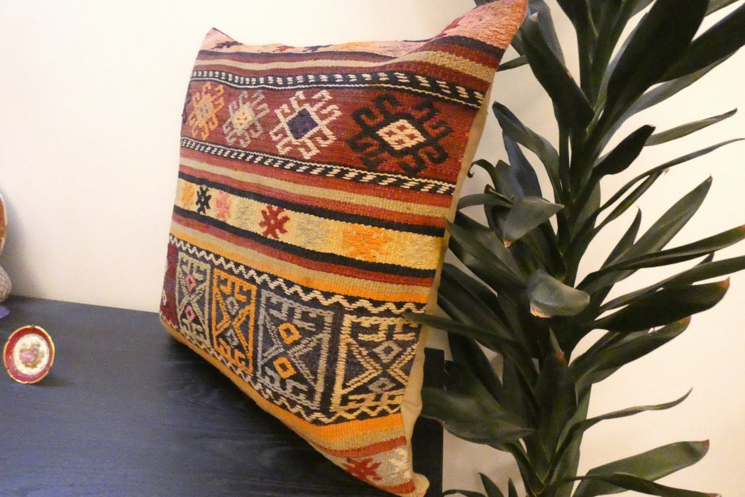 Handmade Turkish Kilim Cushion Cover 60 x 60cm with Insert | Original Anatolian Kilim | Organic Cotton Backing- Rugs Direct New Zealand 