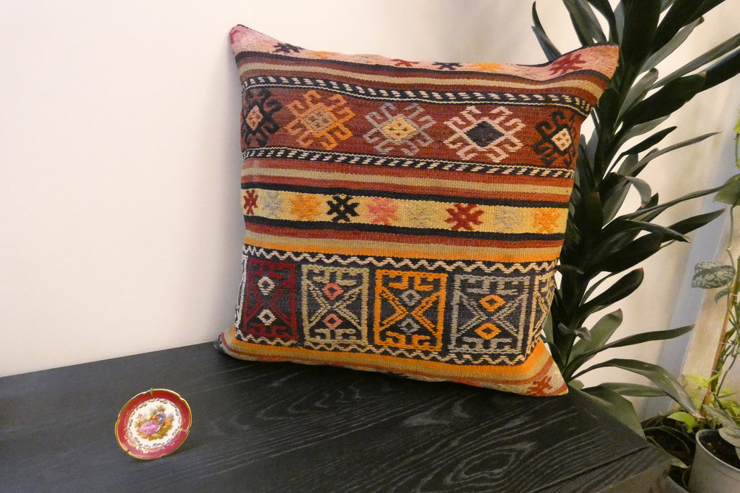 Handmade Turkish Kilim Cushion Cover 60 x 60cm with Insert | Original Anatolian Kilim | Organic Cotton Backing- Rugs Direct New Zealand 