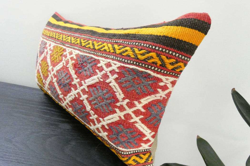 Handmade Turkish Kilim Cushion 30 x 50cm | Vintage Wool Lumbar Cushion with Insert | Organic Cotton Back | TK26-C1071- Rugs Direct 