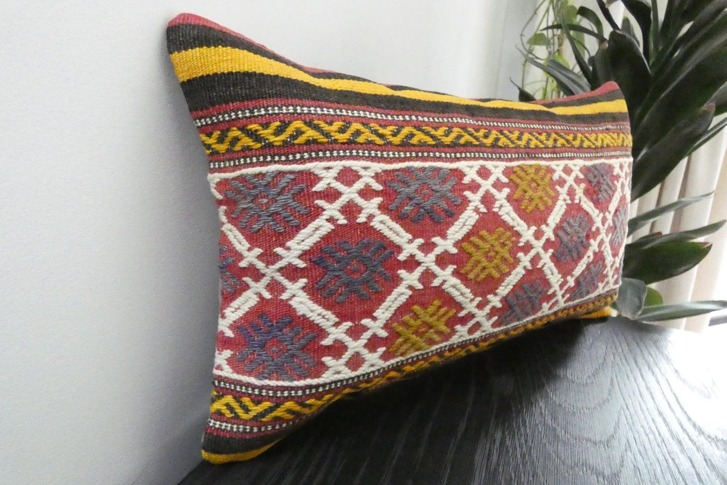 Handmade Turkish Kilim Cushion 30 x 50cm | Vintage Wool Lumbar Cushion with Insert | Organic Cotton Back | TK26-C1071- Rugs Direct 