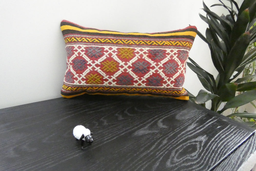 Handmade Turkish Kilim Cushion 30 x 50cm | Vintage Wool Lumbar Cushion with Insert | Organic Cotton Back | TK26-C1071- Rugs Direct 