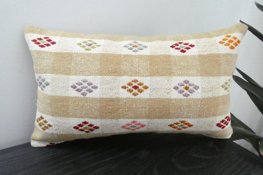 Handmade Turkish Kilim Cushion 30 x 50cm | Vintage Wool Lumbar Cushion with Insert | Organic Cotton Back | TK26-C1079- Rugs Direct 
