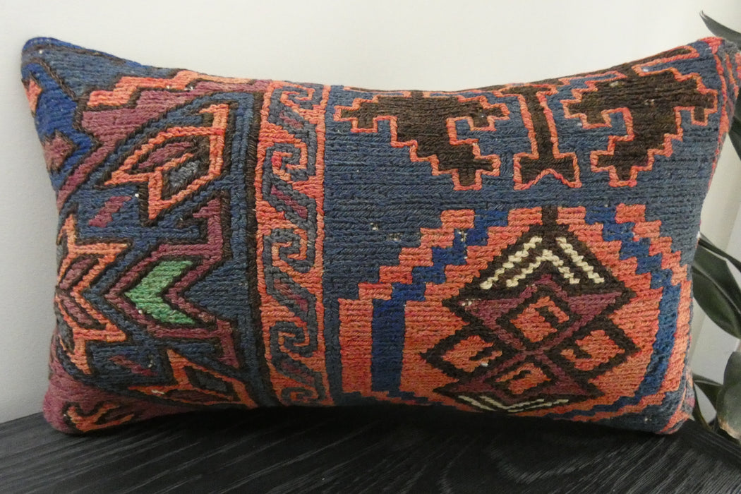 Handmade Turkish Kilim Cushion 30 x 50cm | Vintage Wool Lumbar Cushion with Insert | Organic Cotton Back | TK26-C1080- Rugs Direct 