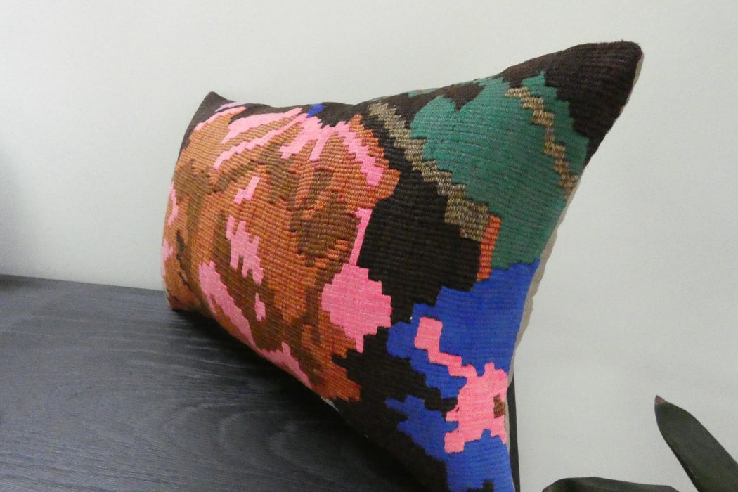 Handmade Turkish Kilim Cushion 30 x 50cm | Vintage Wool Lumbar Cushion with Insert | Organic Cotton Back | TK26-C1084- Rugs Direct 