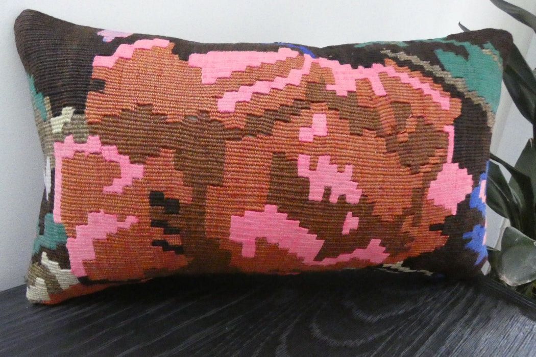 Handmade Turkish Kilim Cushion 30 x 50cm | Vintage Wool Lumbar Cushion with Insert | Organic Cotton Back | TK26-C1084- Rugs Direct 