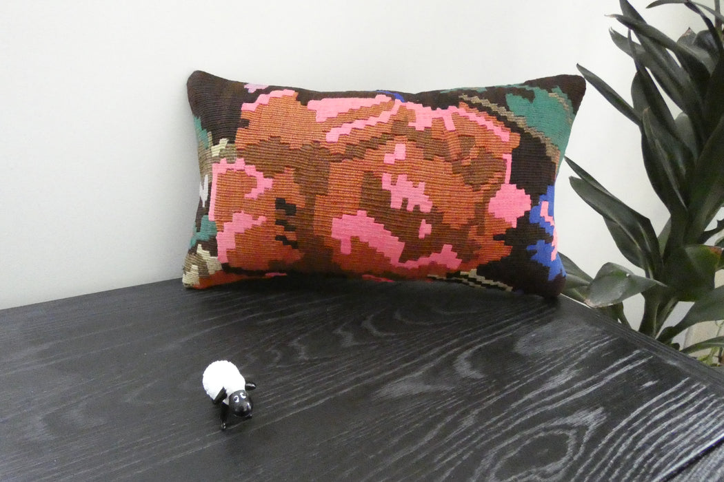 Handmade Turkish Kilim Cushion 30 x 50cm | Vintage Wool Lumbar Cushion with Insert | Organic Cotton Back | TK26-C1084- Rugs Direct 