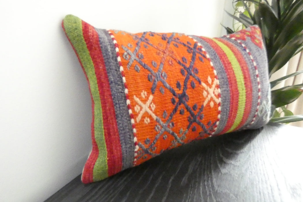Handmade Turkish Kilim Cushion 30 x 50cm | Vintage Wool Lumbar Cushion with Insert | Organic Cotton Back | TK26-C1085- Rugs Direct NZ