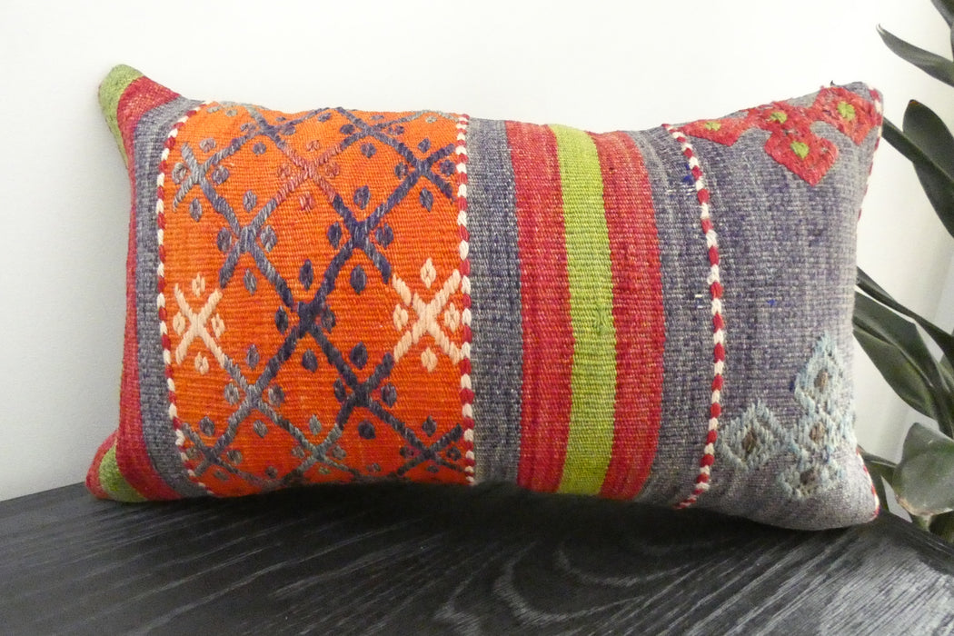 Handmade Turkish Kilim Cushion 30 x 50cm | Vintage Wool Lumbar Cushion with Insert | Organic Cotton Back | TK26-C1085- Rugs Direct NZ