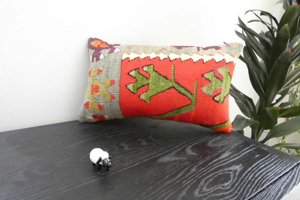 Handmade Turkish Kilim Cushion 30 x 50cm | Vintage Wool Lumbar Cushion with Insert | Organic Cotton Back | TK26-C1086- Rugs Direct  nz