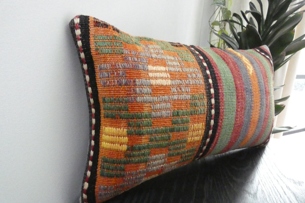 Handmade Turkish Kilim Cushion 30 x 50cm | Vintage Wool Lumbar Cushion with Insert | Organic Cotton Back | TK26-C1091- Rugs Direct NZ