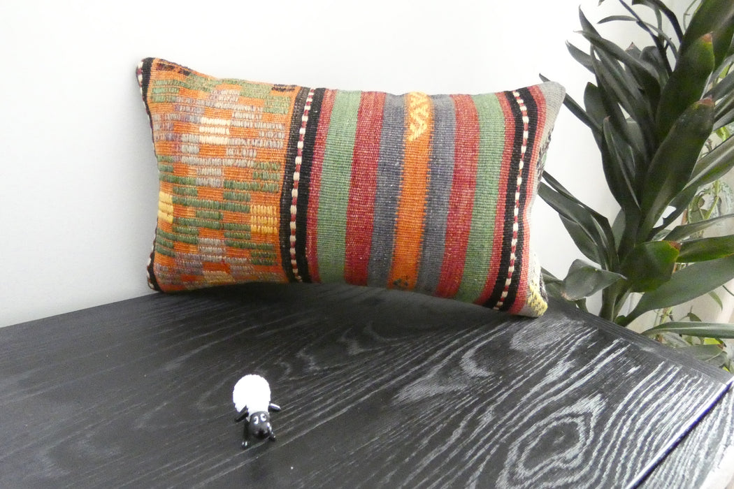 Handmade Turkish Kilim Cushion 30 x 50cm | Vintage Wool Lumbar Cushion with Insert | Organic Cotton Back | TK26-C1091- Rugs Direct NZ