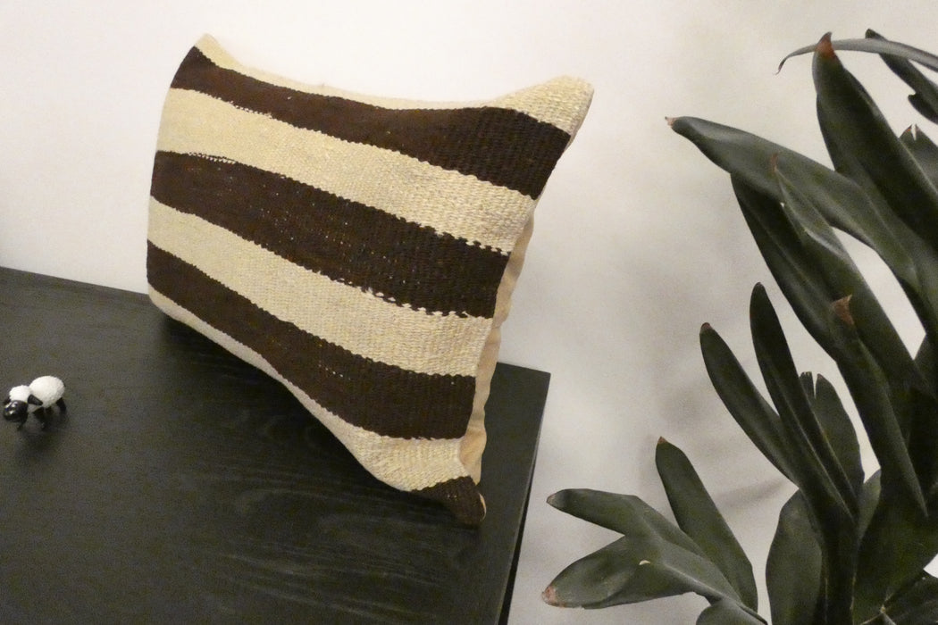 A rectangular woven throw pillow with alternating dark brown and cream horizontal stripes, resting on a dark wooden table next to a green houseplant.