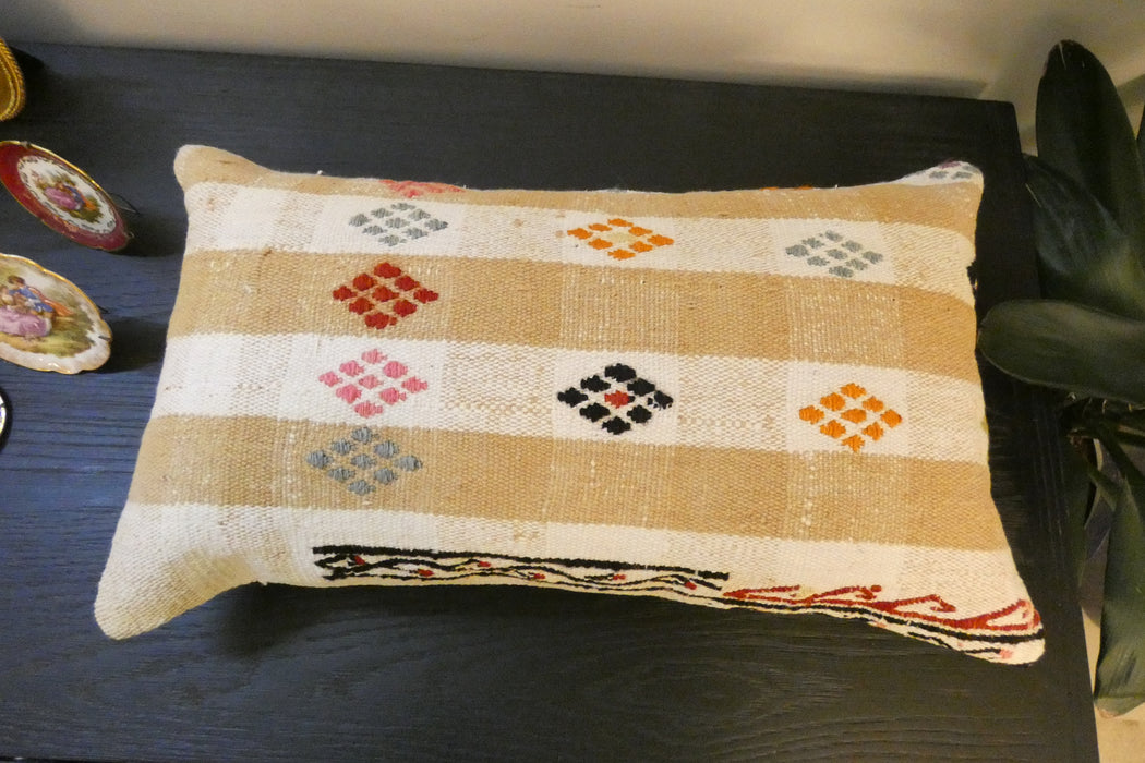 Handmade Turkish Kilim Cushion 30 x 50cm , Vintage Wool Lumbar Cushion with Insert,  Organic Cotton Back- Rugs direct New Zealand 
