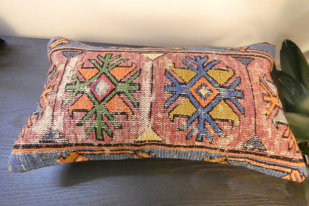 Handmade Turkish Kilim Cushion 30 x 50cm, Vintage Wool Lumbar Cushion with Insert, Organic Cotton Back- Rugs Direct New Zealand 
