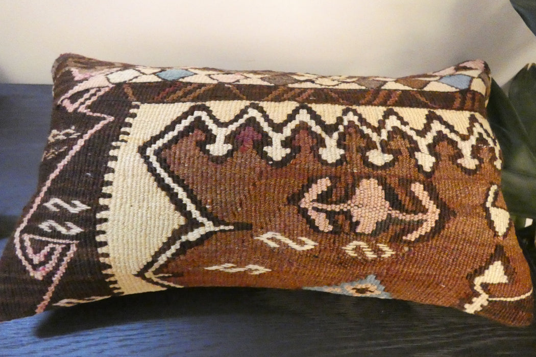 Handmade Turkish Kilim Cushion 30 x 50cm, Vintage Wool Lumbar Cushion with Insert , Organic Cotton Back- Rugs Direct New Zealand 