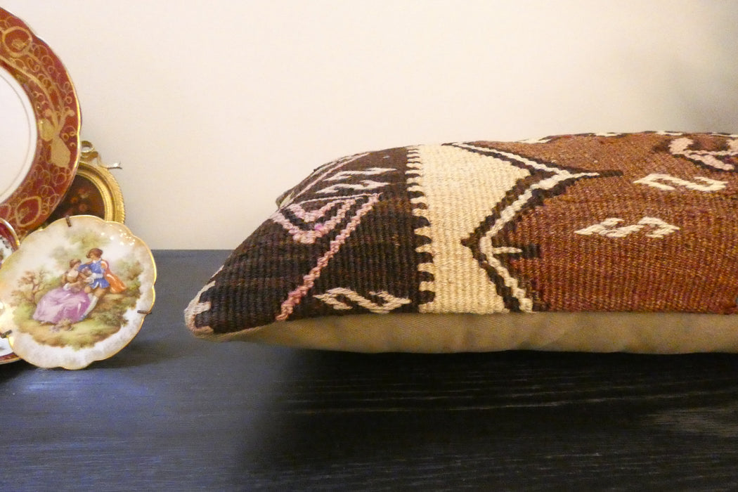 Handmade Turkish Kilim Cushion 30 x 50cm, Vintage Wool Lumbar Cushion with Insert , Organic Cotton Back- Rugs Direct New Zealand 