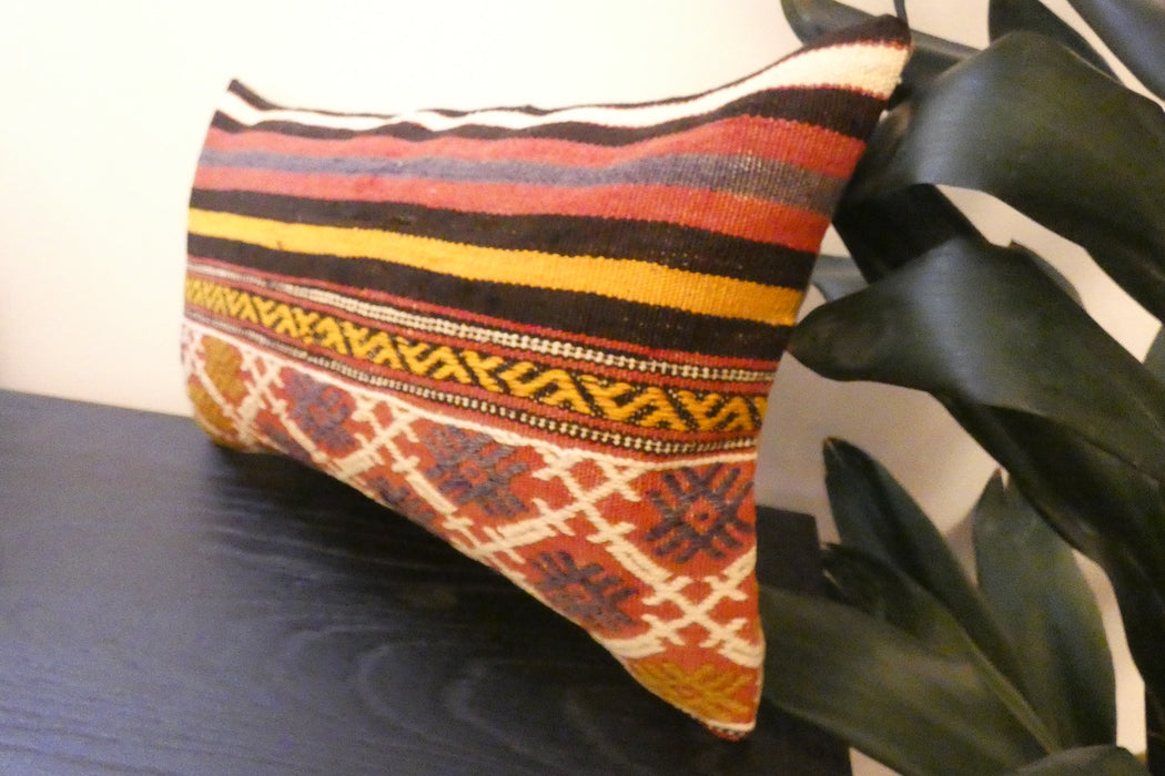 Handmade Turkish Kilim Cushion 30 x 50cm | Vintage Wool Lumbar Cushion with Insert | Organic Cotton Back | TK26-C969- Rugs Direct 