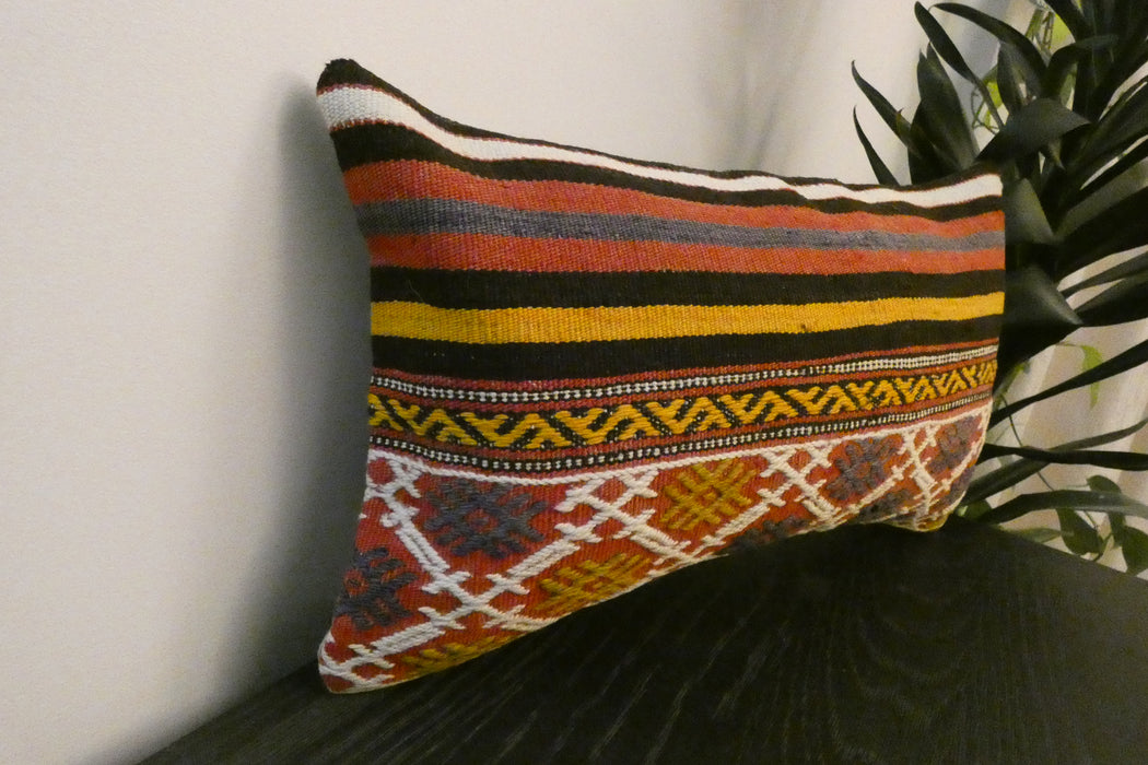 Handmade Turkish Kilim Cushion 30 x 50cm | Vintage Wool Lumbar Cushion with Insert | Organic Cotton Back | TK26-C969- Rugs Direct 