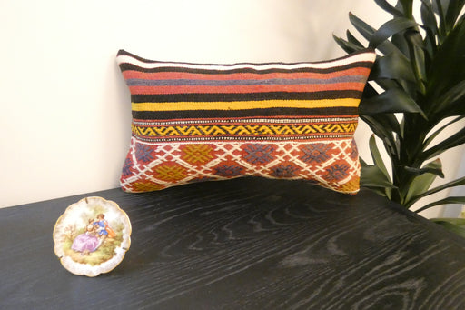 Handmade Turkish Kilim Cushion 30 x 50cm | Vintage Wool Lumbar Cushion with Insert | Organic Cotton Back | TK26-C969- Rugs Direct 