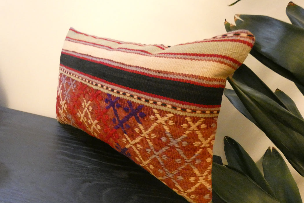 Handmade Turkish Kilim Cushion 30 x 50cm Vintage Wool Lumbar Cushion with Insert Organic Cotton Back Rugs Direct Newzealand 