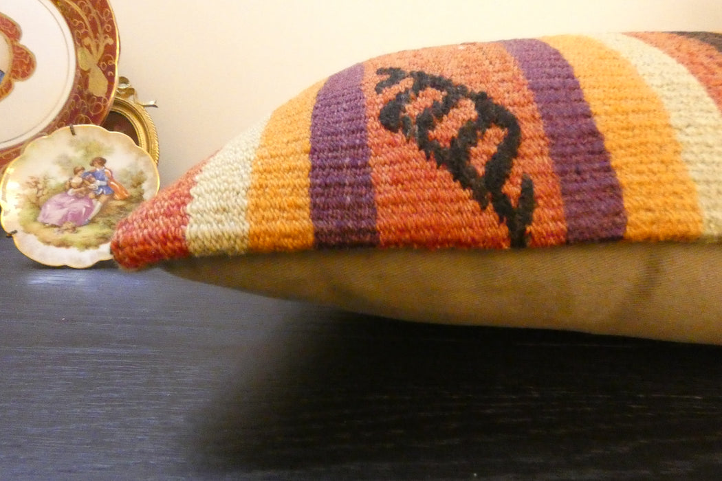 Handmade Turkish Kilim Cushion 30 x 50cm, Vintage Wool Lumbar Cushion with Insert,  Organic Cotton Back- Rugs Direct New Zealand 