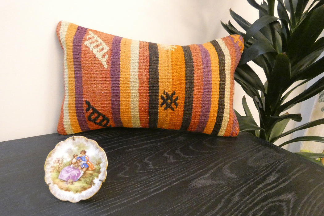 Handmade Turkish Kilim Cushion 30 x 50cm, Vintage Wool Lumbar Cushion with Insert,  Organic Cotton Back- Rugs Direct New Zealand 